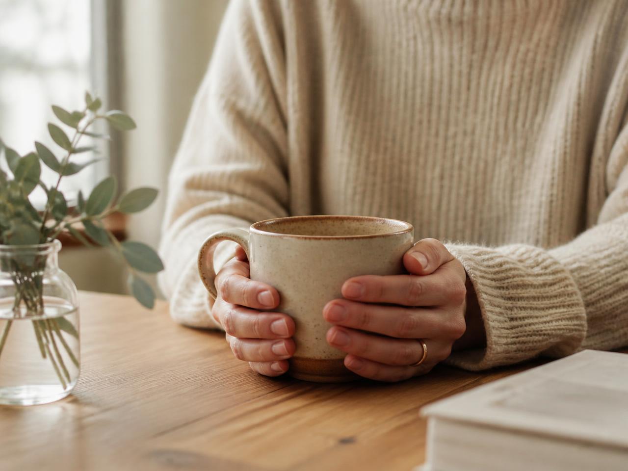 Two hands cradling a warm ceramic mug at a wooden table in soft daylight