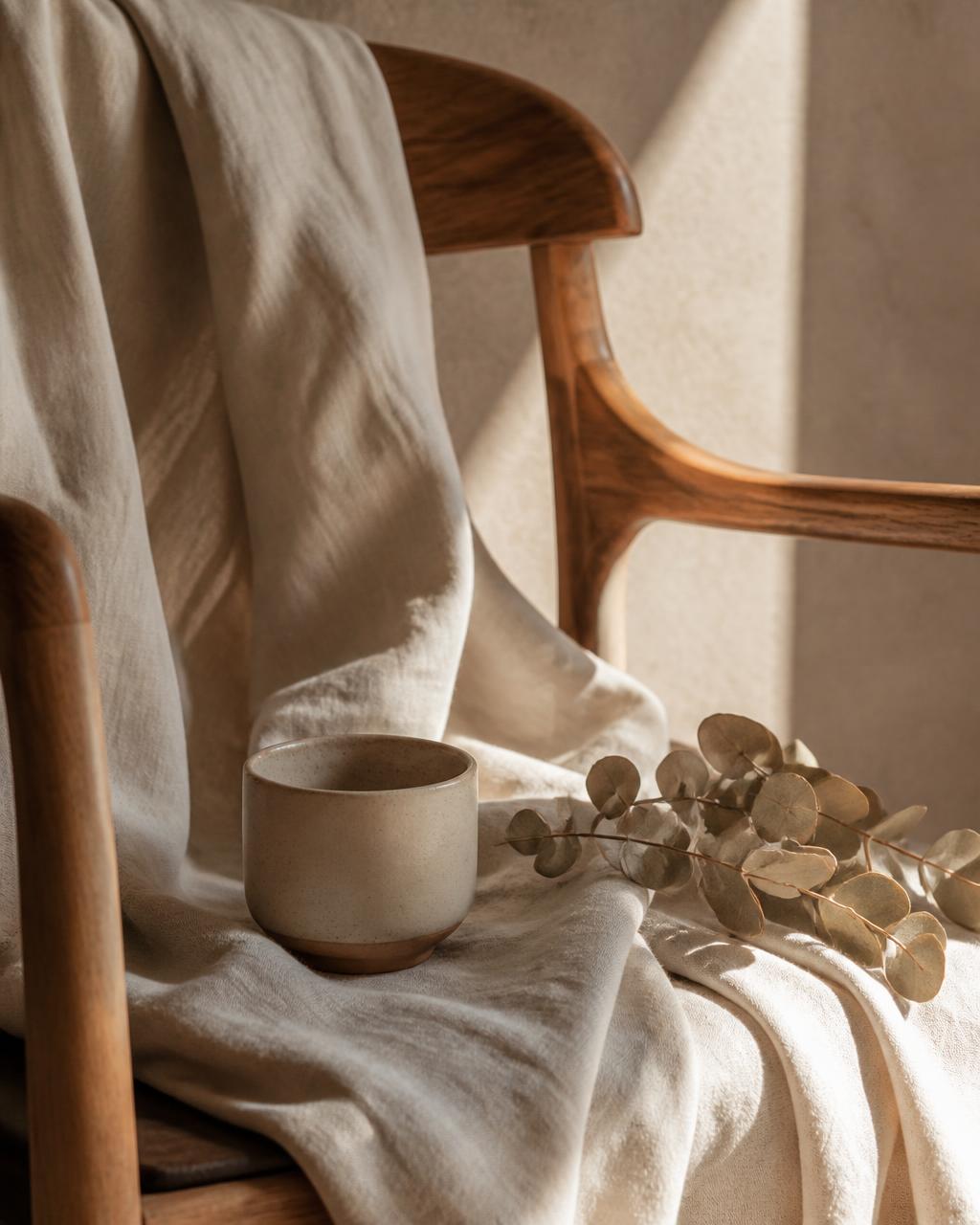 A quiet corner with a linen throw, ceramic cup, and dried eucalyptus in warm morning light