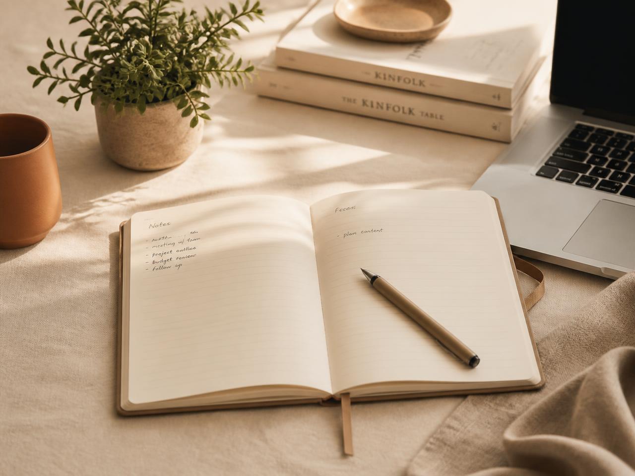 A calm desk with an open notebook, pen, and plant in warm daylight